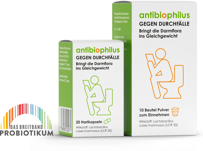 Antibiophilus Produkte gegen Durchfälle – Packungen von Hartkapseln und Pulver